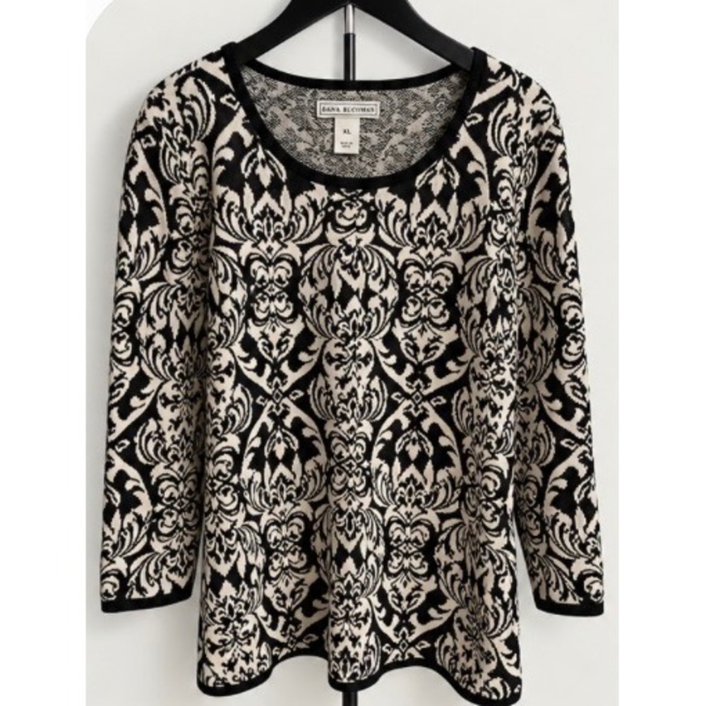Dana Buchman Damask Knit Sweater XL Black Cream Metallic Beaded 3/4 Sleeve Top